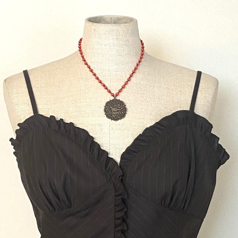 Rachel Metal Pheasant and Foliage Pendant and Red Bead Chain Necklace
